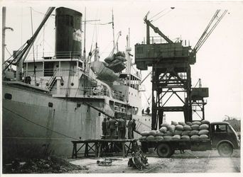Déchargement du « Congostrom » quai de Guinée le 13 février 1948. Photo J. JACQUIN ; Coll. Musées d’Art et d’Histoire de la Ville du Havre