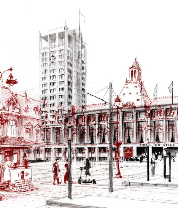 Croquis de l'Hôtel de Ville : en noir, le présent, et en rouge, le passé