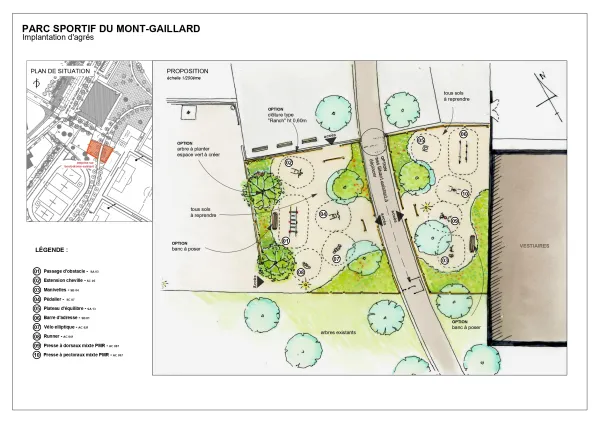 Parc sportif du Mont-Gaillard - Plan d'implantation des agrès du parcours santé seniors