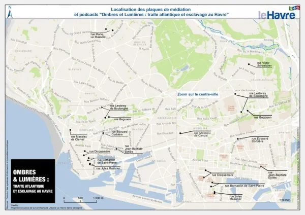 Localisation des plaques de médiation et podcasts "Ombres et lumières : traite atlantique et esclavage au Havre"