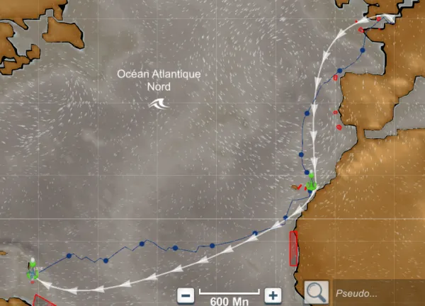 Le tracé du chemin parcouru par Sandrine Petitjean sur la TRANSAT CAFÉ L'OR Le Havre Normandie 2025 en Virtual Regatta
