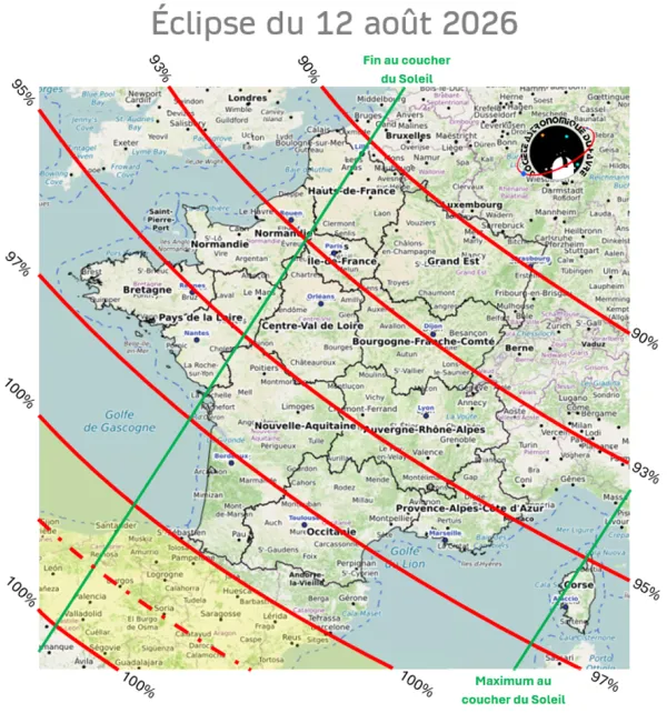Taux d'occultation de l'éclipse solaire du 12 août 2026 en France