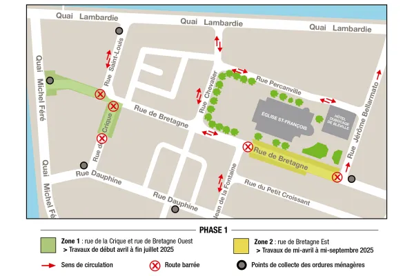 Les 4 zones de la 1ère phase des travaux de requalification des espaces publics du centre-ville reconstruit