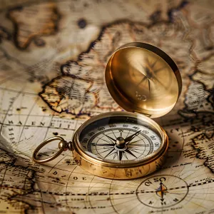 Une boussole ouverte est présentée que une carte